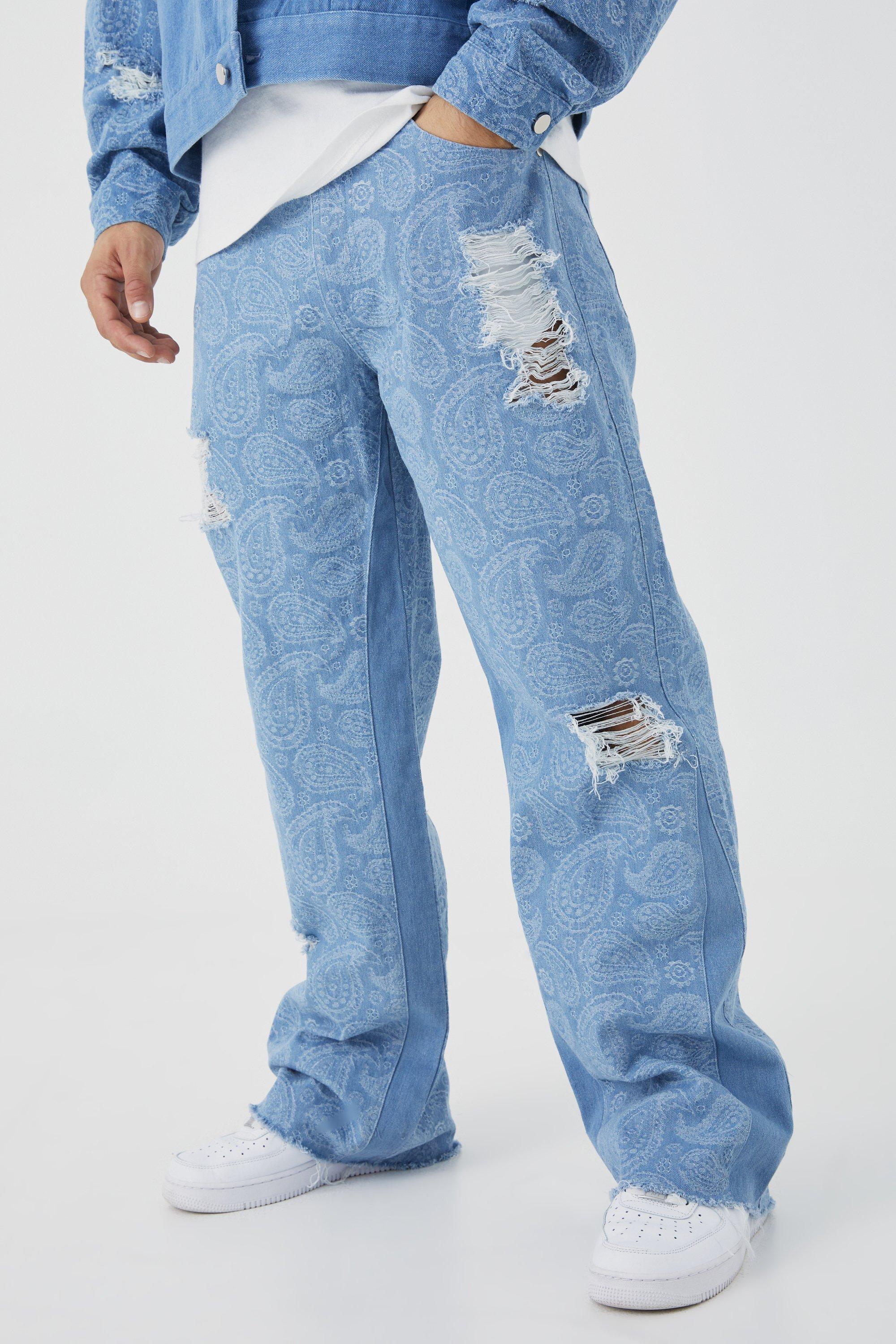 Relaxed Rigid Paisley Gusset Detail Jean | boohooMAN USA